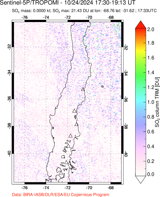 A sulfur dioxide image over Central Chile on Oct 24, 2024.