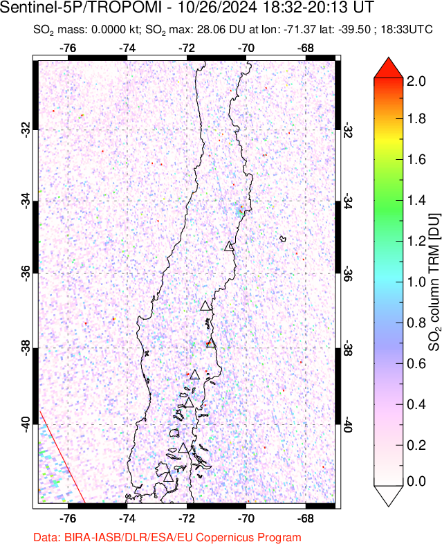 A sulfur dioxide image over Central Chile on Oct 26, 2024.