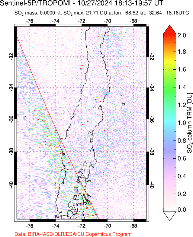 A sulfur dioxide image over Central Chile on Oct 27, 2024.