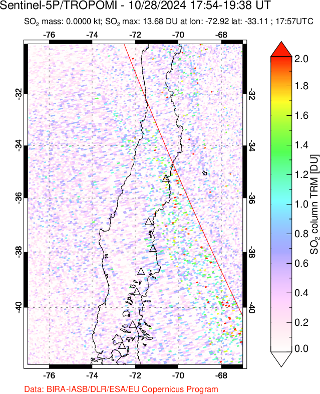 A sulfur dioxide image over Central Chile on Oct 28, 2024.