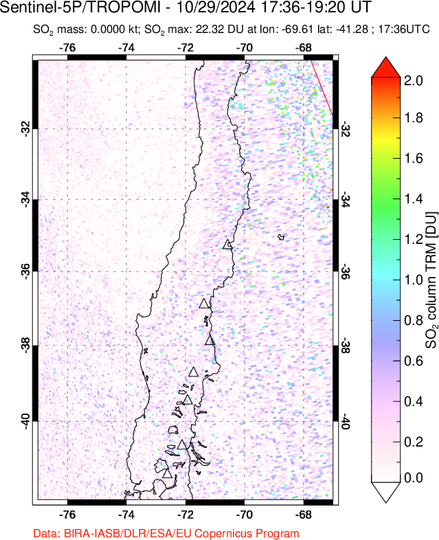 A sulfur dioxide image over Central Chile on Oct 29, 2024.