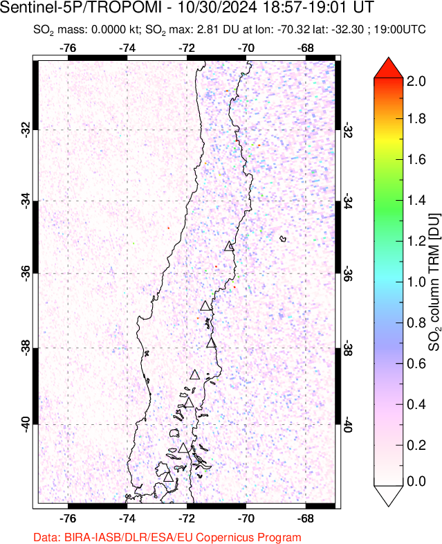 A sulfur dioxide image over Central Chile on Oct 30, 2024.