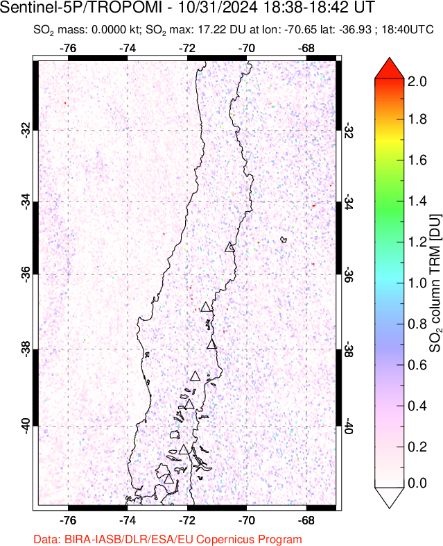 A sulfur dioxide image over Central Chile on Oct 31, 2024.