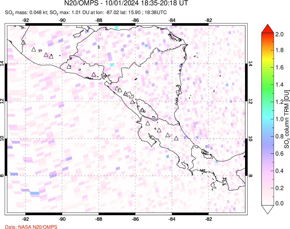 A sulfur dioxide image over Central America on Oct 01, 2024.