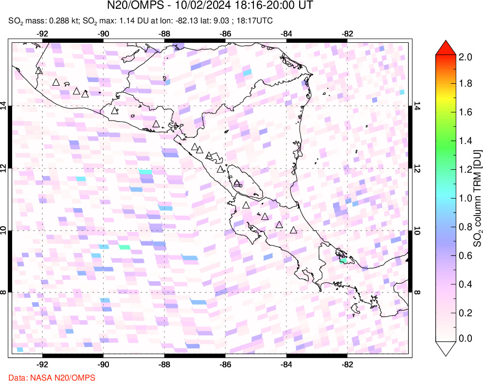 A sulfur dioxide image over Central America on Oct 02, 2024.