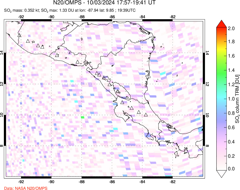 A sulfur dioxide image over Central America on Oct 03, 2024.