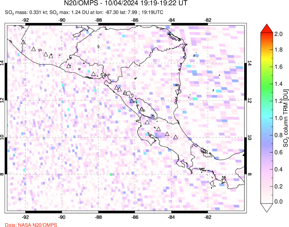 A sulfur dioxide image over Central America on Oct 04, 2024.