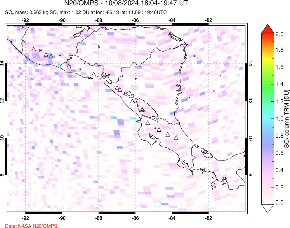 A sulfur dioxide image over Central America on Oct 08, 2024.