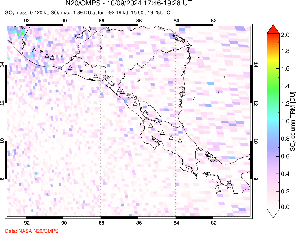 A sulfur dioxide image over Central America on Oct 09, 2024.