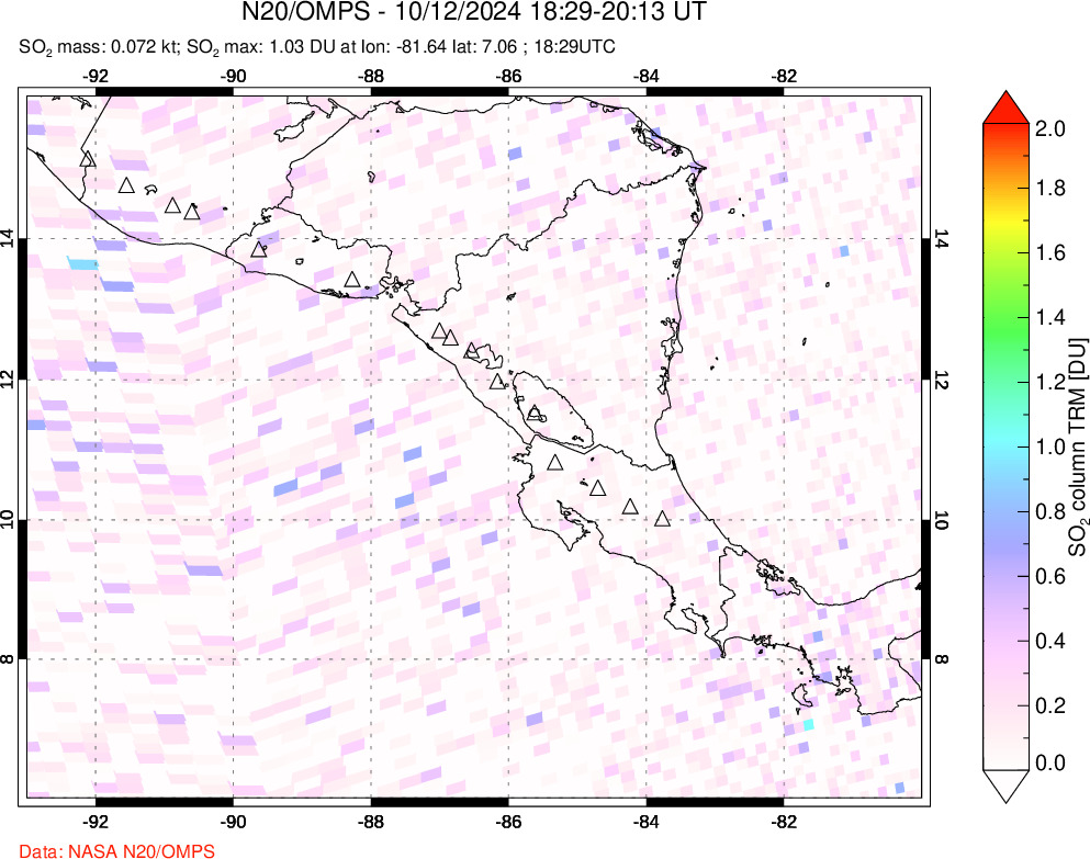 A sulfur dioxide image over Central America on Oct 12, 2024.