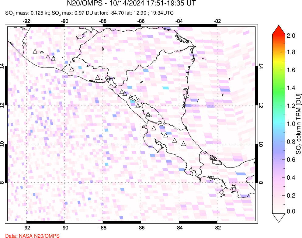 A sulfur dioxide image over Central America on Oct 14, 2024.