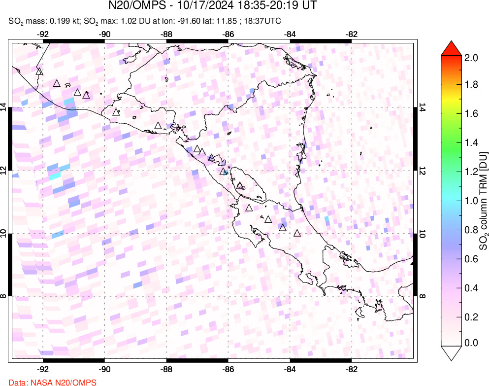 A sulfur dioxide image over Central America on Oct 17, 2024.