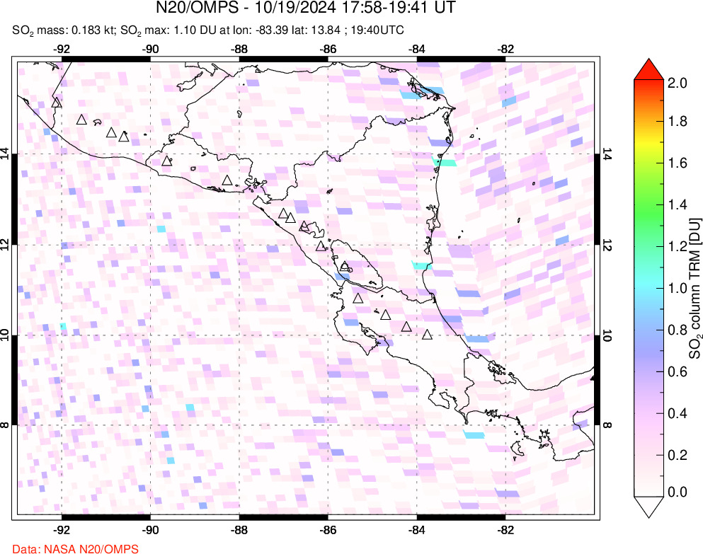 A sulfur dioxide image over Central America on Oct 19, 2024.