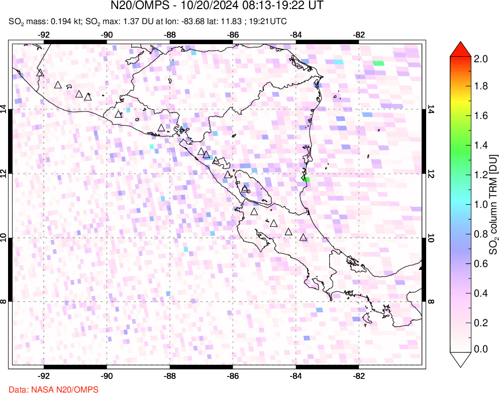 A sulfur dioxide image over Central America on Oct 20, 2024.