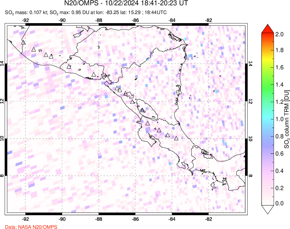 A sulfur dioxide image over Central America on Oct 22, 2024.