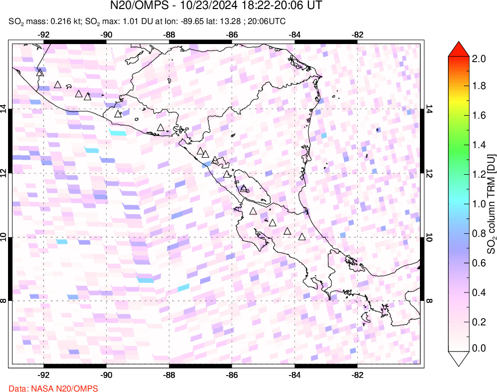 A sulfur dioxide image over Central America on Oct 23, 2024.