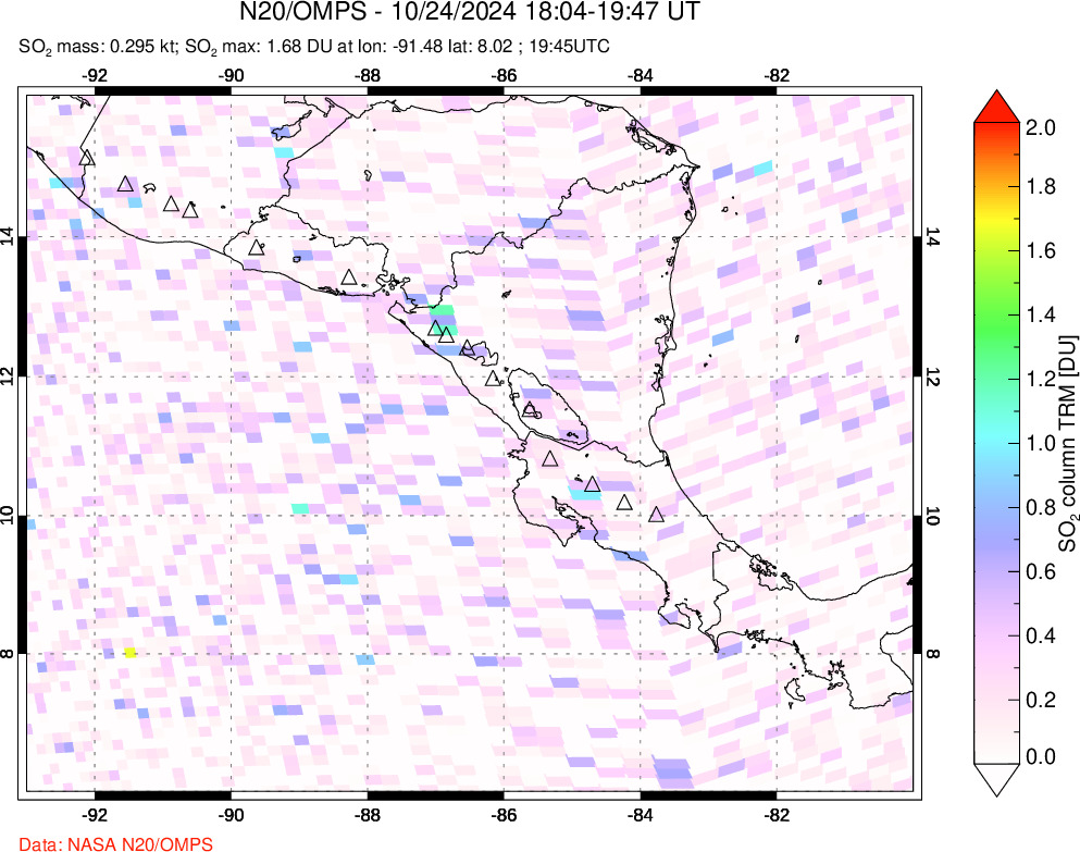 A sulfur dioxide image over Central America on Oct 24, 2024.