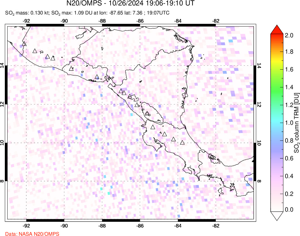 A sulfur dioxide image over Central America on Oct 26, 2024.