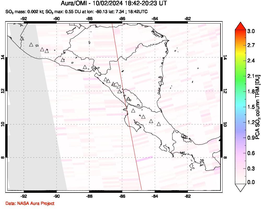 A sulfur dioxide image over Central America on Oct 02, 2024.