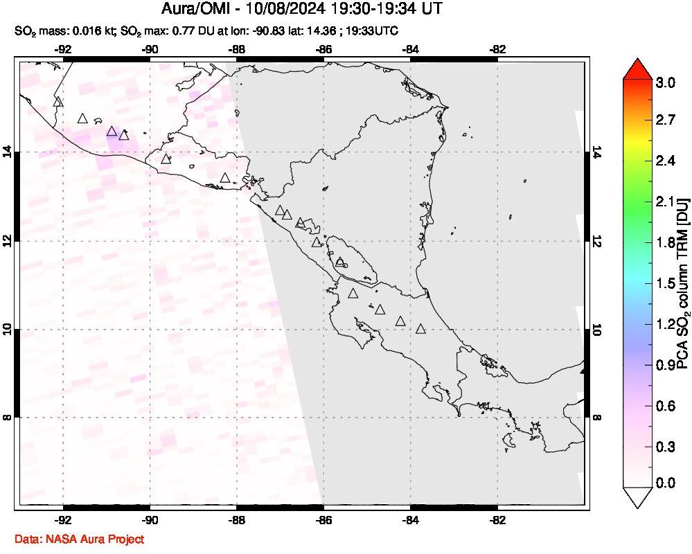 A sulfur dioxide image over Central America on Oct 08, 2024.