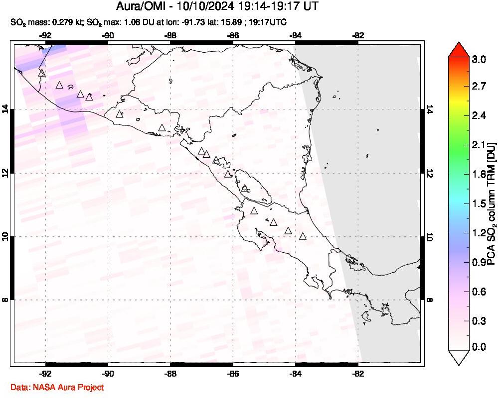 A sulfur dioxide image over Central America on Oct 10, 2024.