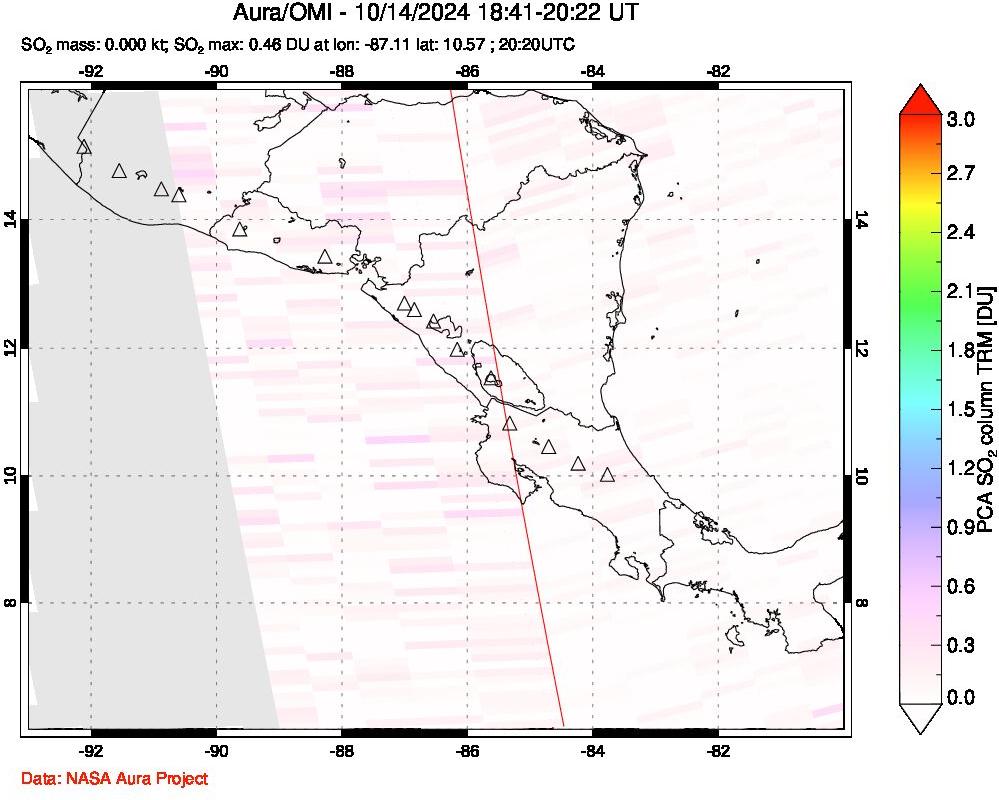 A sulfur dioxide image over Central America on Oct 14, 2024.