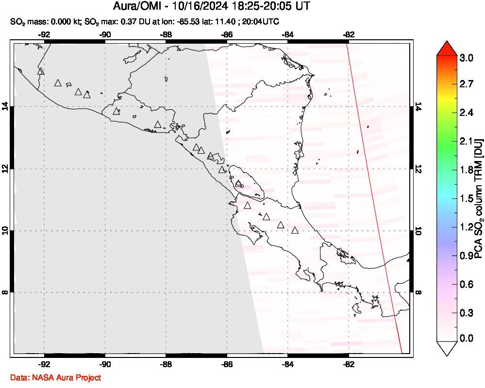 A sulfur dioxide image over Central America on Oct 16, 2024.