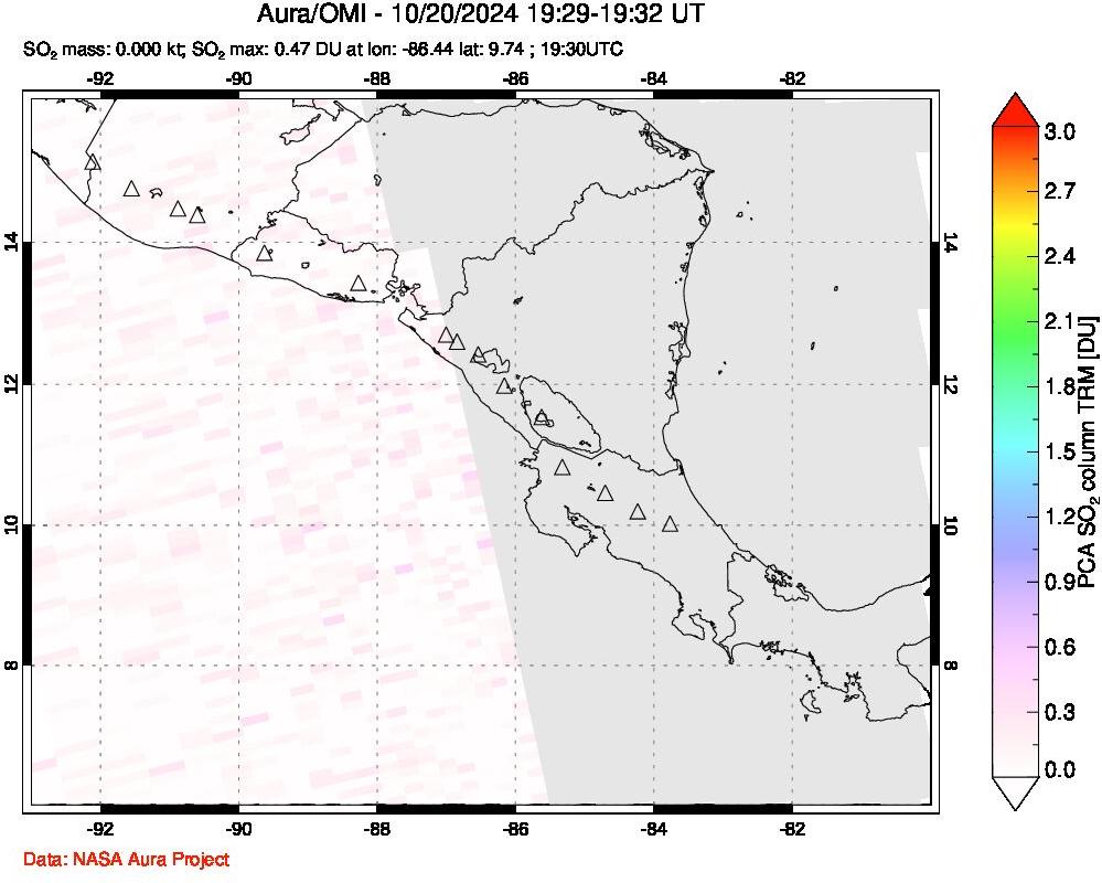 A sulfur dioxide image over Central America on Oct 20, 2024.