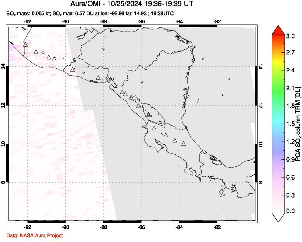 A sulfur dioxide image over Central America on Oct 25, 2024.