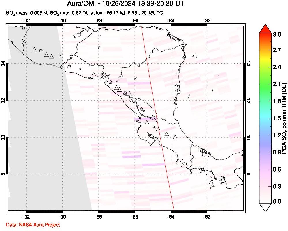 A sulfur dioxide image over Central America on Oct 26, 2024.