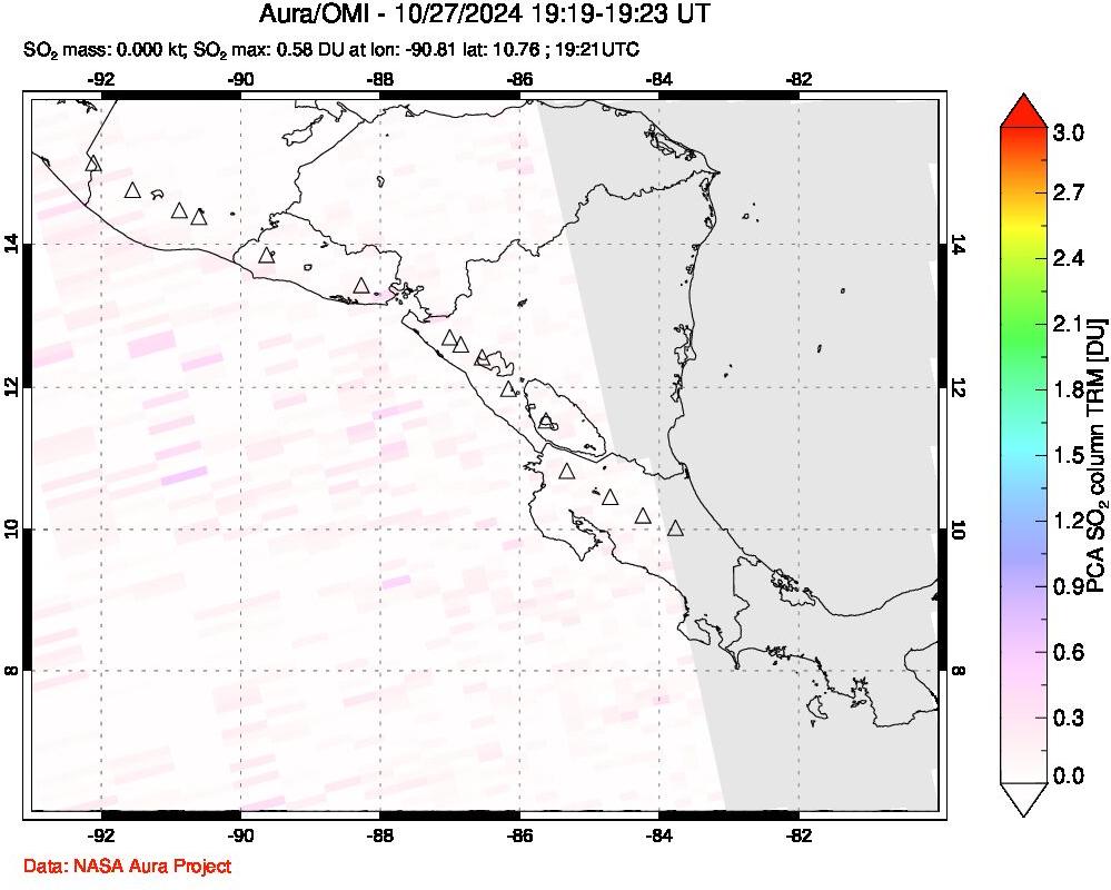 A sulfur dioxide image over Central America on Oct 27, 2024.