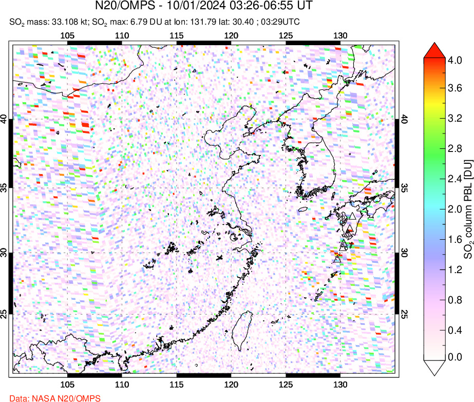 A sulfur dioxide image over Eastern China on Oct 01, 2024.