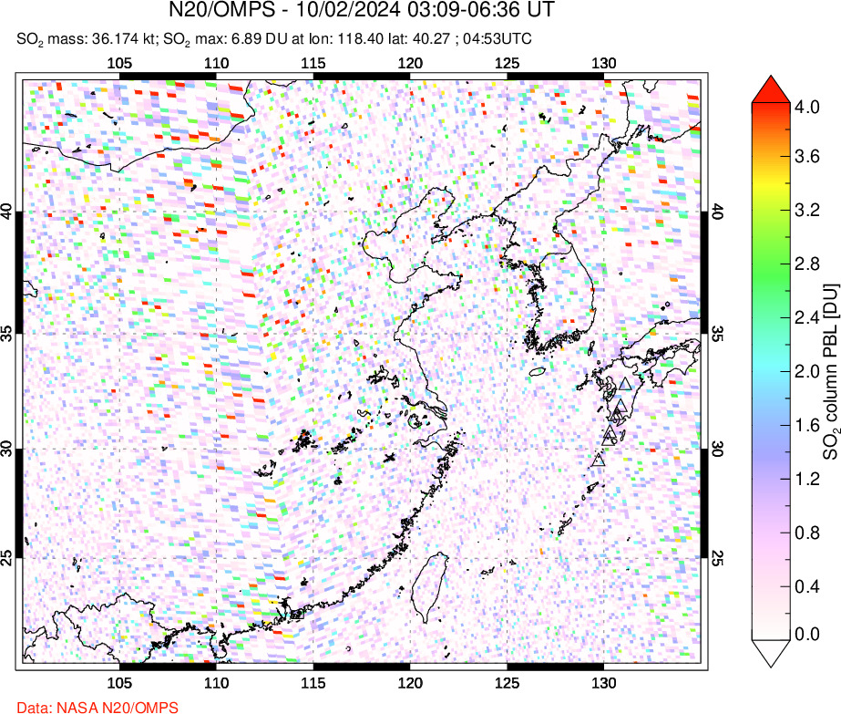 A sulfur dioxide image over Eastern China on Oct 02, 2024.