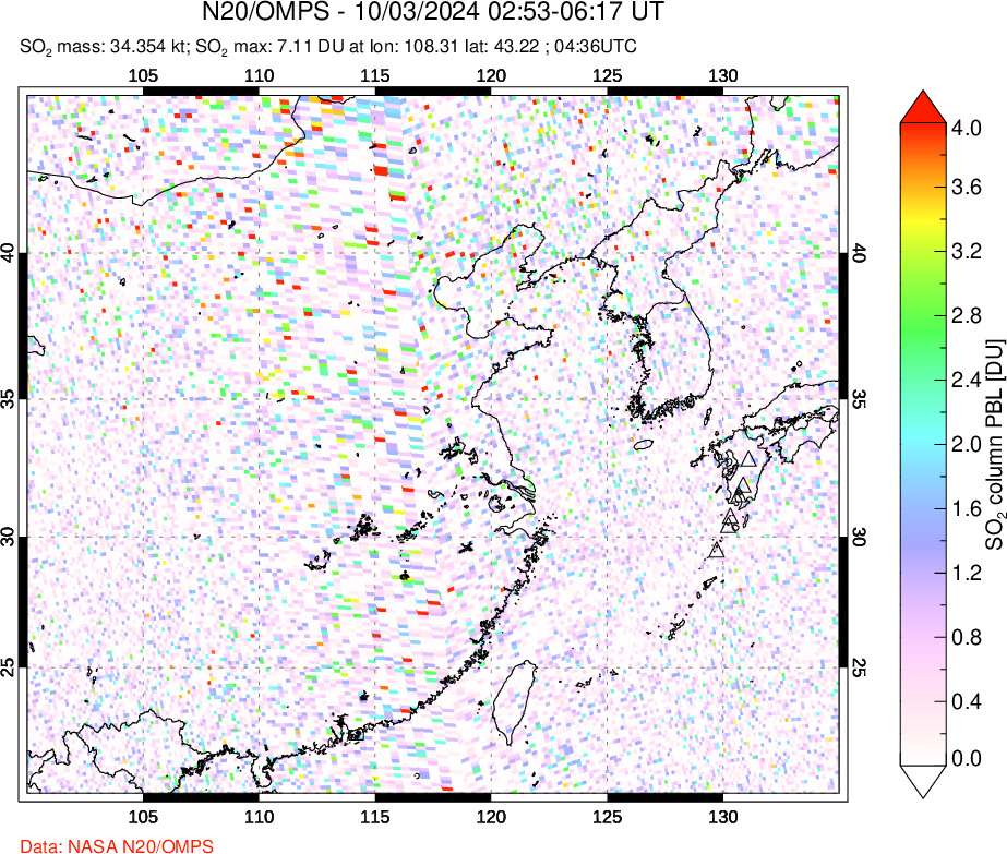 A sulfur dioxide image over Eastern China on Oct 03, 2024.