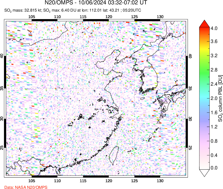 A sulfur dioxide image over Eastern China on Oct 06, 2024.