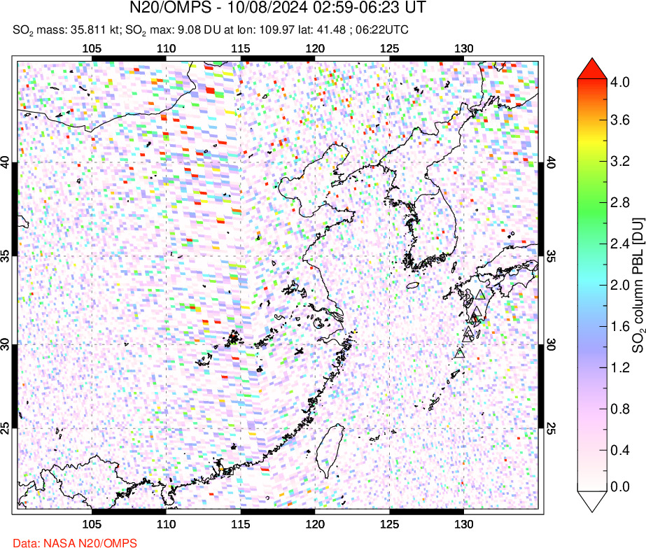 A sulfur dioxide image over Eastern China on Oct 08, 2024.