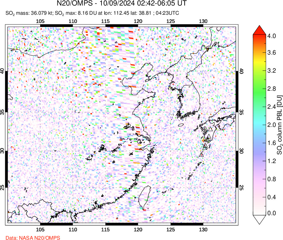 A sulfur dioxide image over Eastern China on Oct 09, 2024.