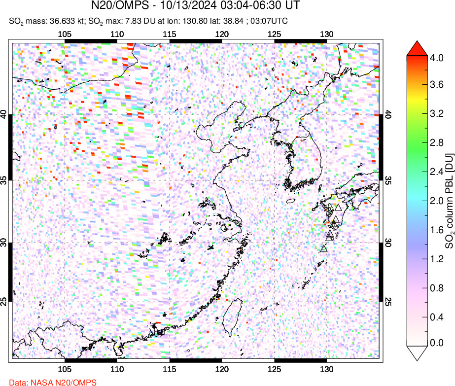 A sulfur dioxide image over Eastern China on Oct 13, 2024.