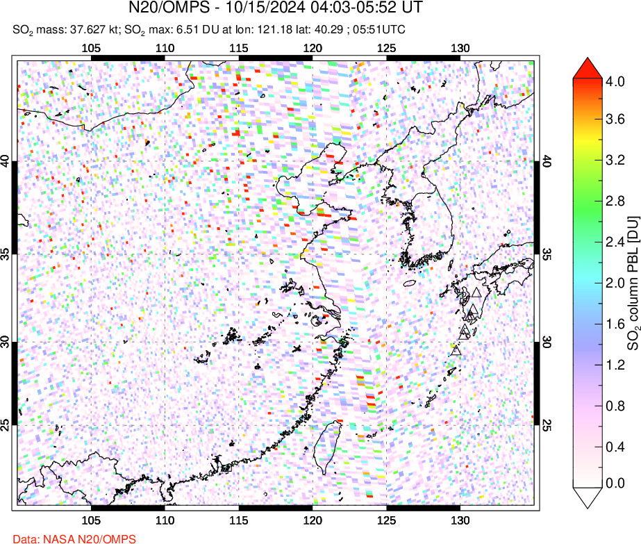 A sulfur dioxide image over Eastern China on Oct 15, 2024.