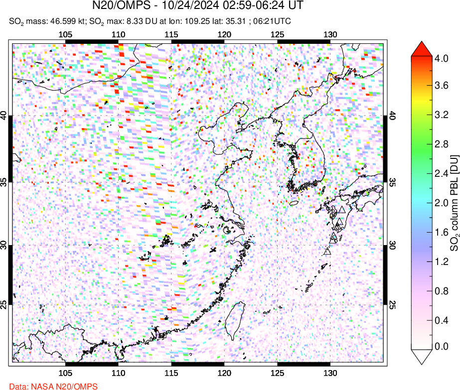 A sulfur dioxide image over Eastern China on Oct 24, 2024.