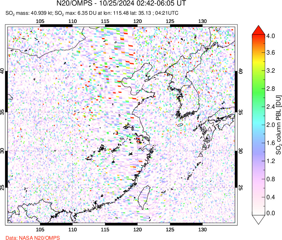 A sulfur dioxide image over Eastern China on Oct 25, 2024.