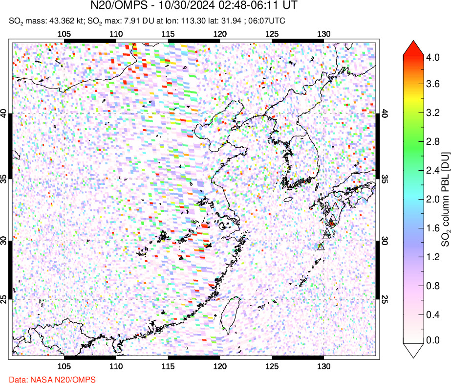 A sulfur dioxide image over Eastern China on Oct 30, 2024.