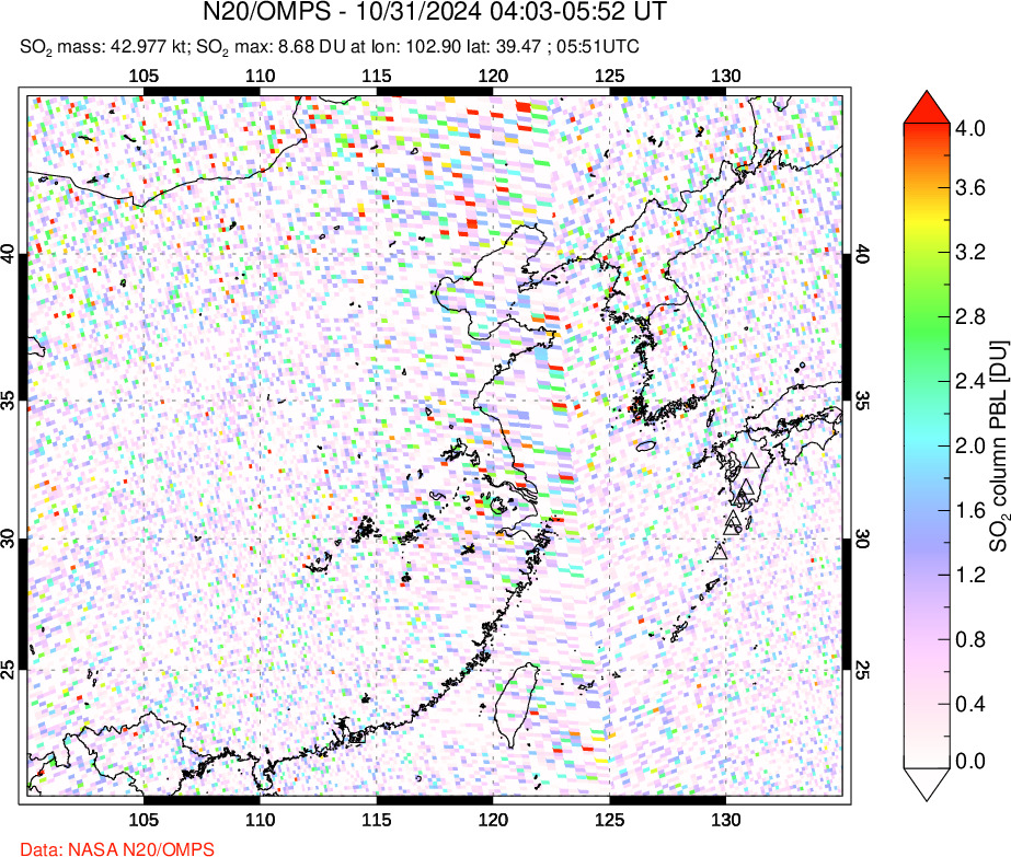 A sulfur dioxide image over Eastern China on Oct 31, 2024.