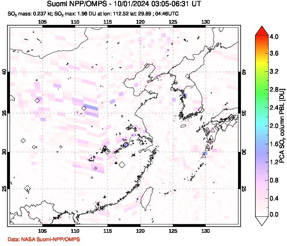 A sulfur dioxide image over Eastern China on Oct 01, 2024.