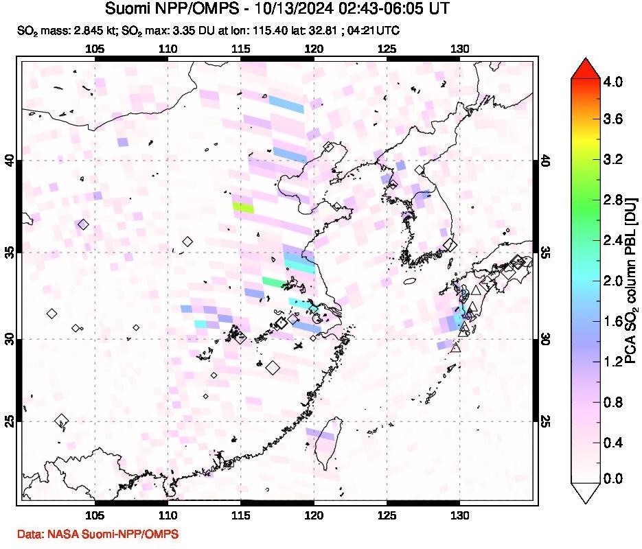 A sulfur dioxide image over Eastern China on Oct 13, 2024.