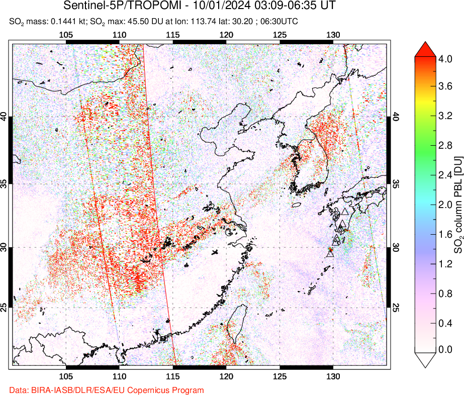 A sulfur dioxide image over Eastern China on Oct 01, 2024.