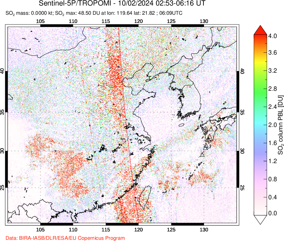 A sulfur dioxide image over Eastern China on Oct 02, 2024.