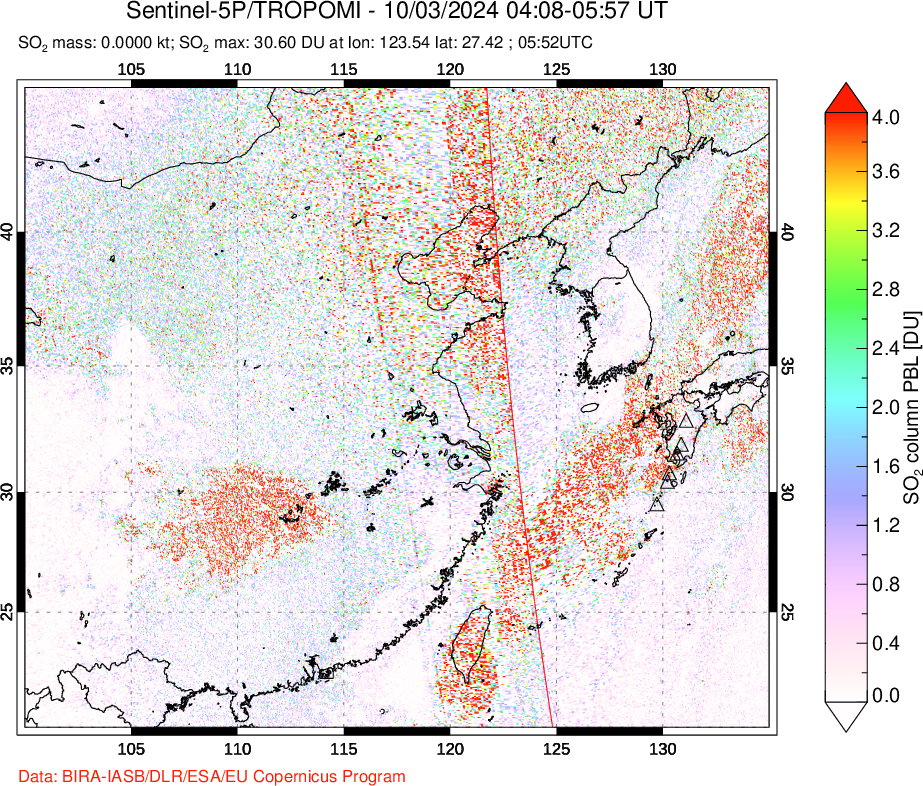 A sulfur dioxide image over Eastern China on Oct 03, 2024.