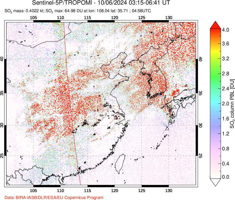 A sulfur dioxide image over Eastern China on Oct 06, 2024.