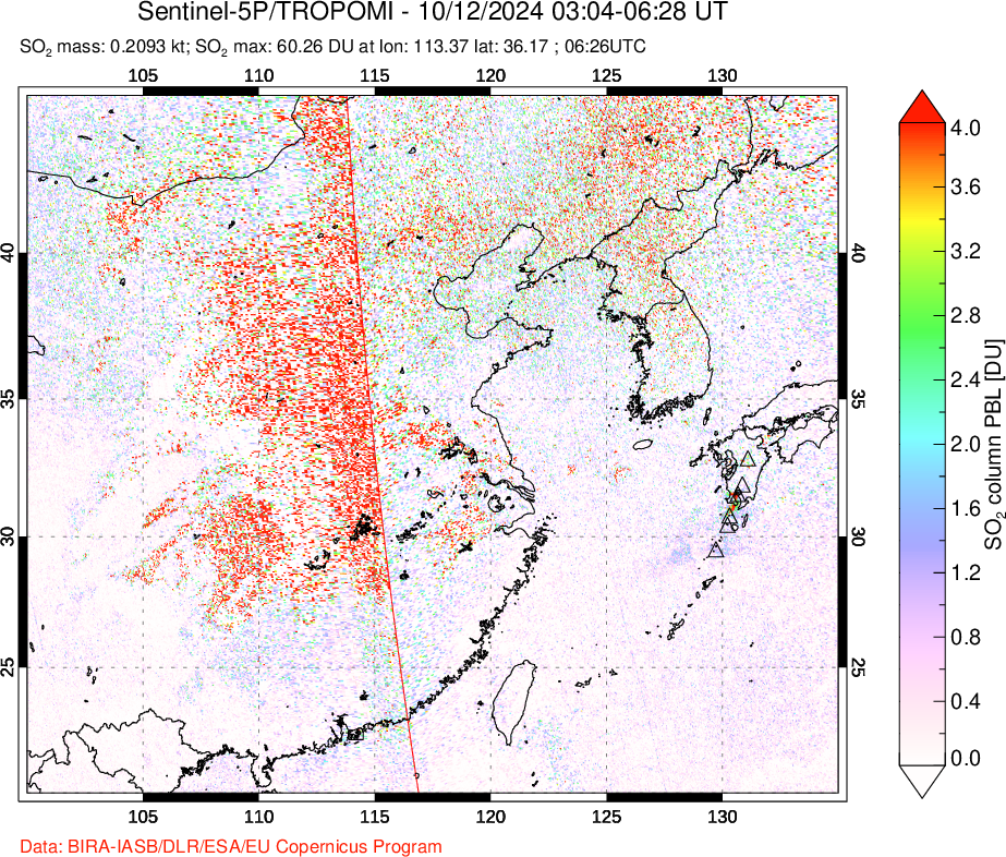 A sulfur dioxide image over Eastern China on Oct 12, 2024.